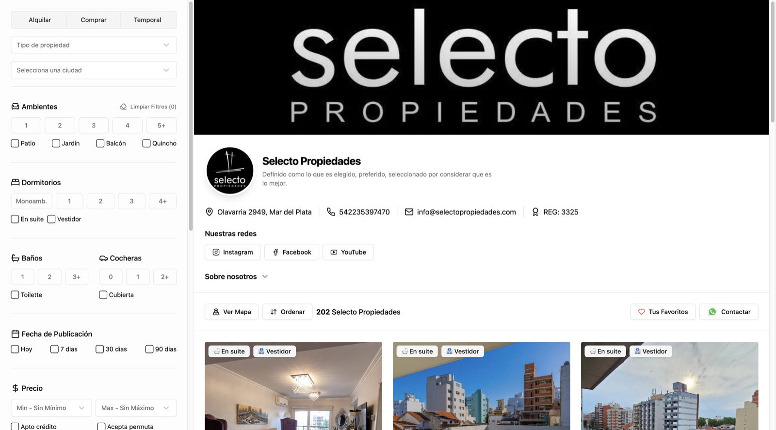 Catálogo de propiedades en una web Propimap con búsqueda por mapa